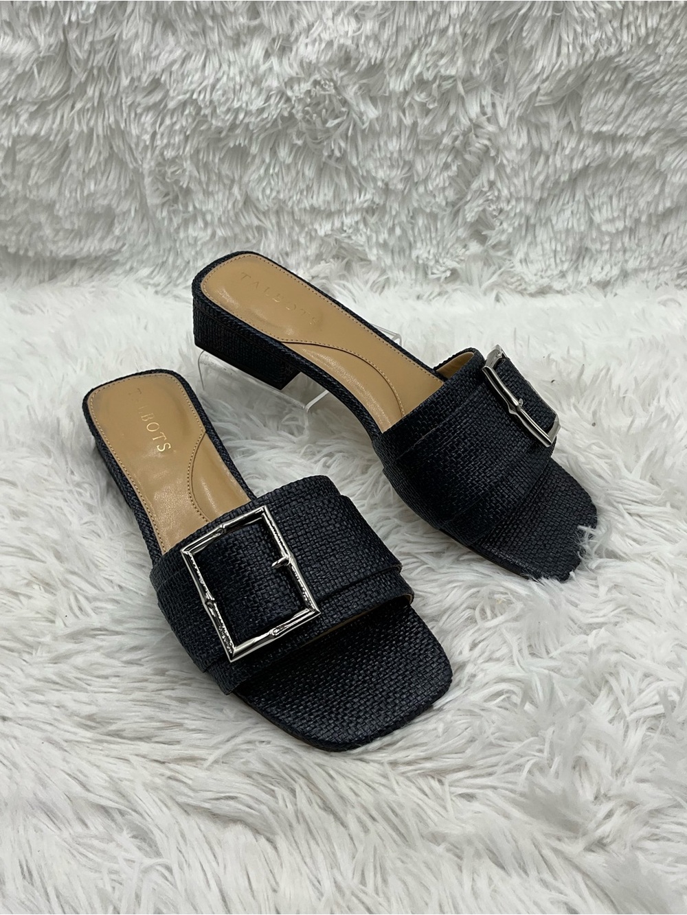 Talbots Slide Sandals Size 6.5M Black Woven Raffia Buckle Block Heel